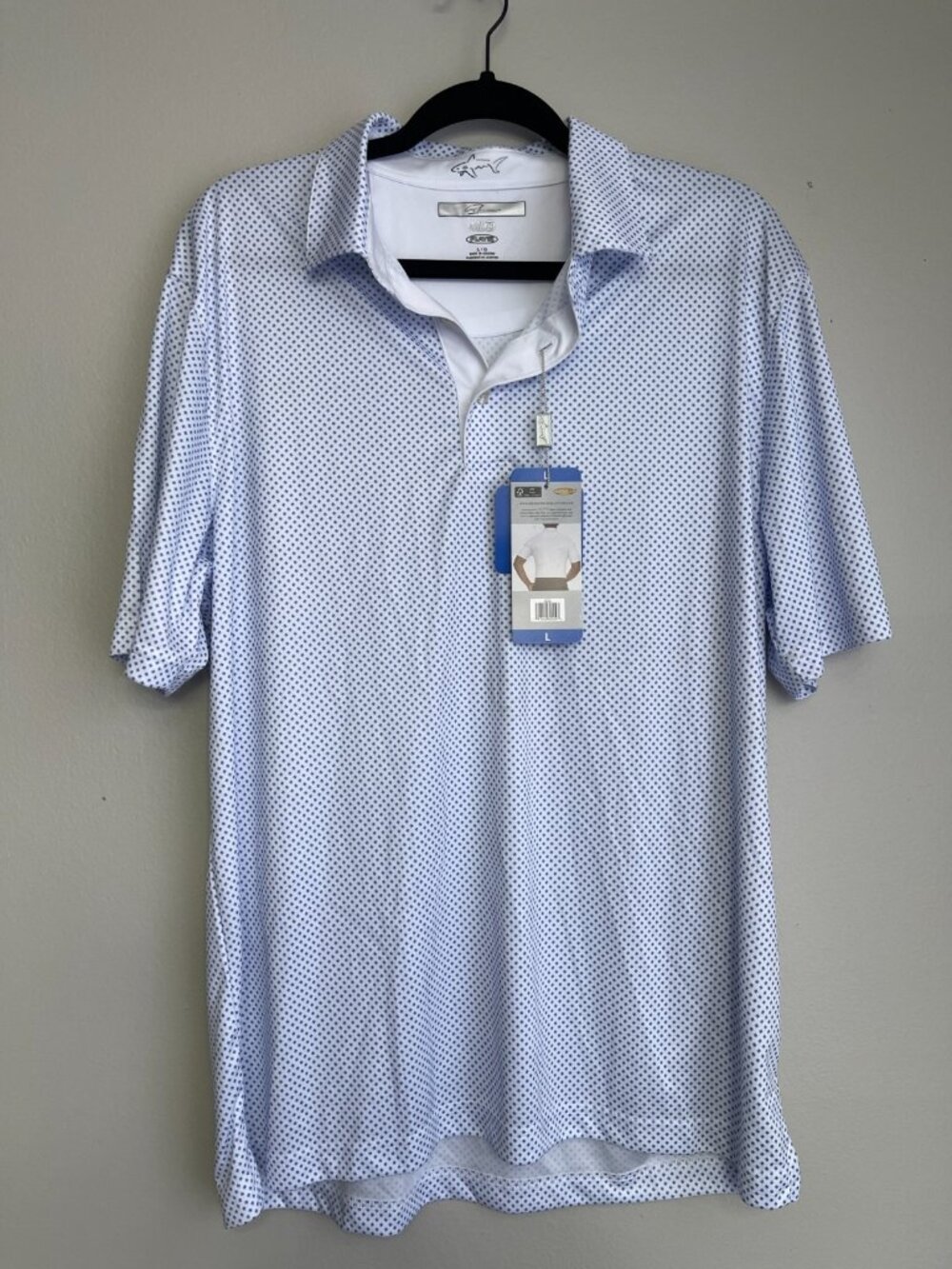 Greg Norman ML75 Play Dry Polo Shirt Large White Blue Print UPF 50+ NWT